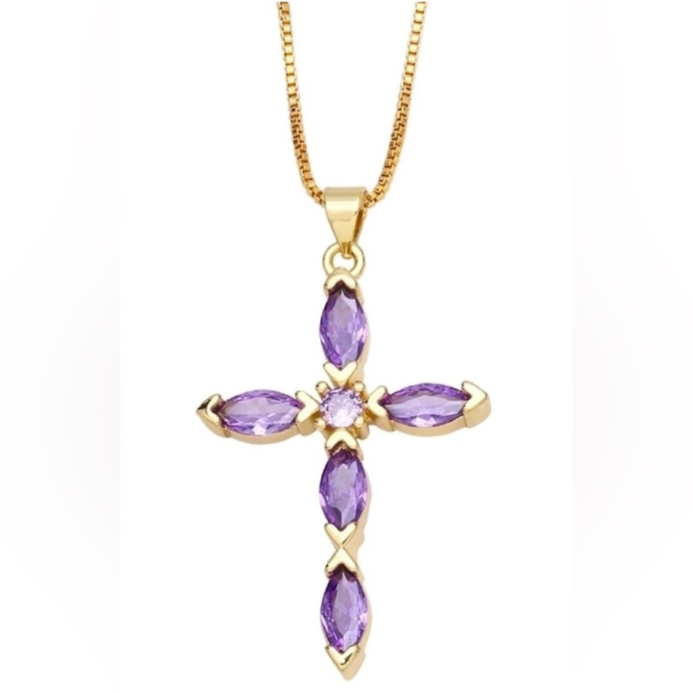 Gold and Purple Cross Pendant Necklace